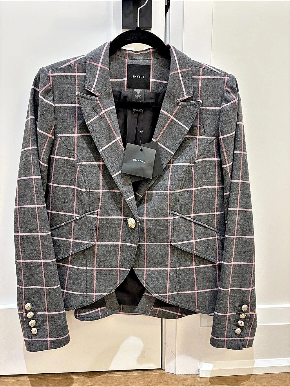 NWT Smythe One Button Blazer Plaid Blazer in Gray & Pink Size 12